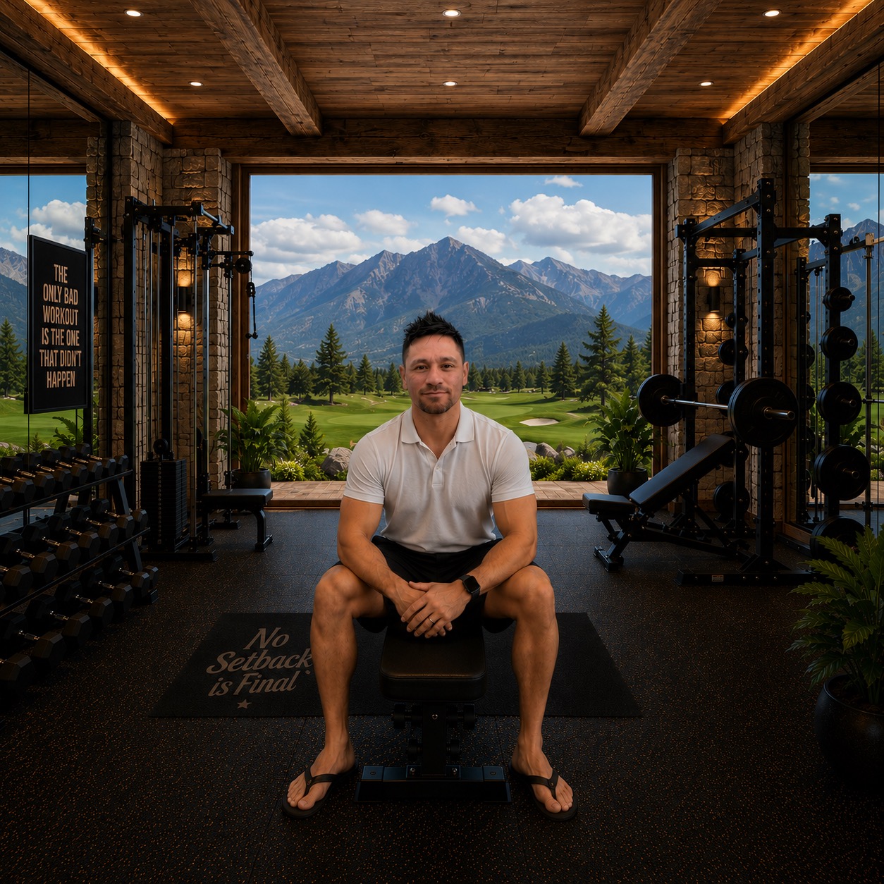 Coach Dymond Unutoa seated in his training studio with a mountain view behind him